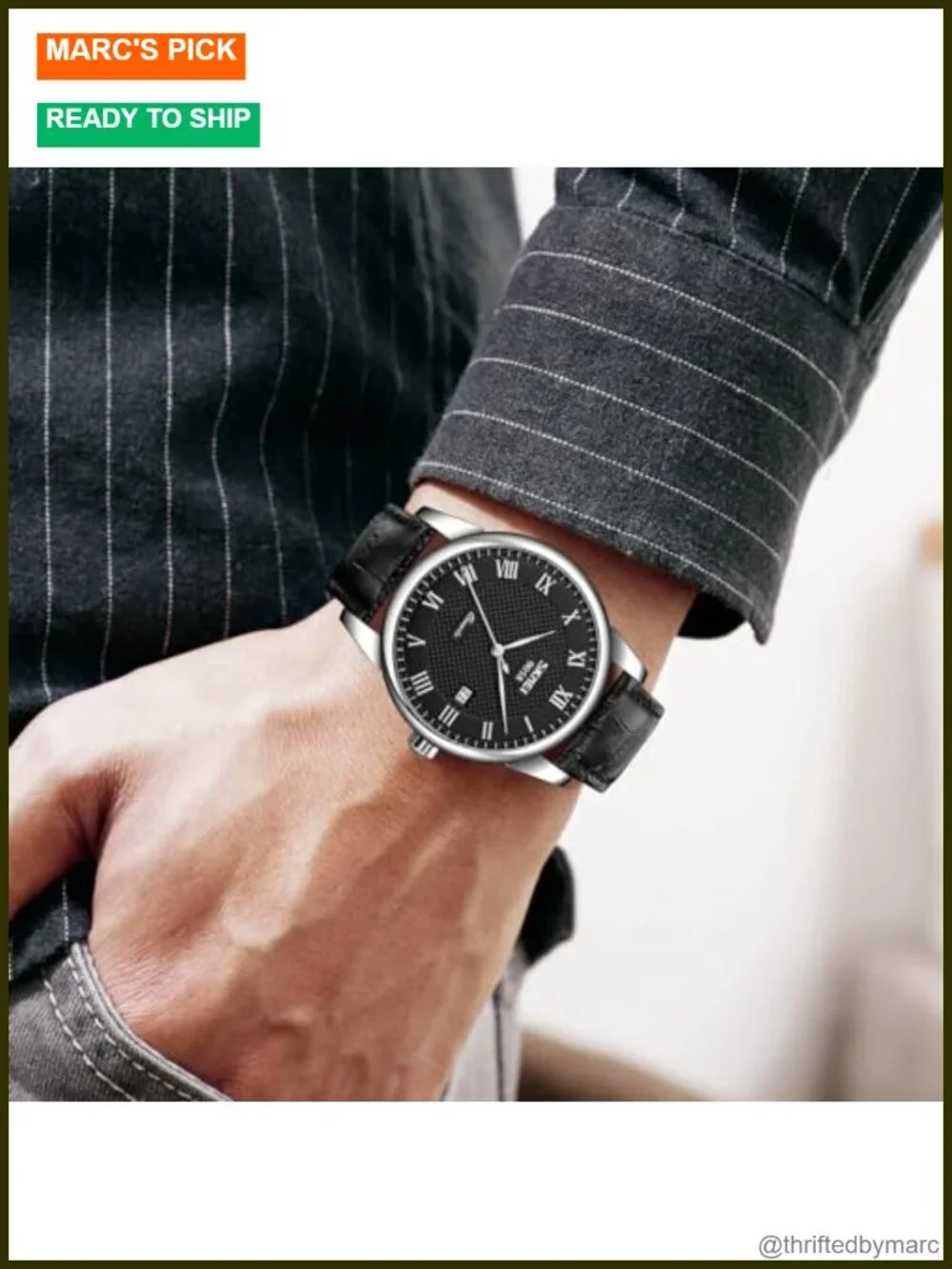 Roman Numeral Quartz Wrist Watch with Calendar 30M Waterproof Leather Strap